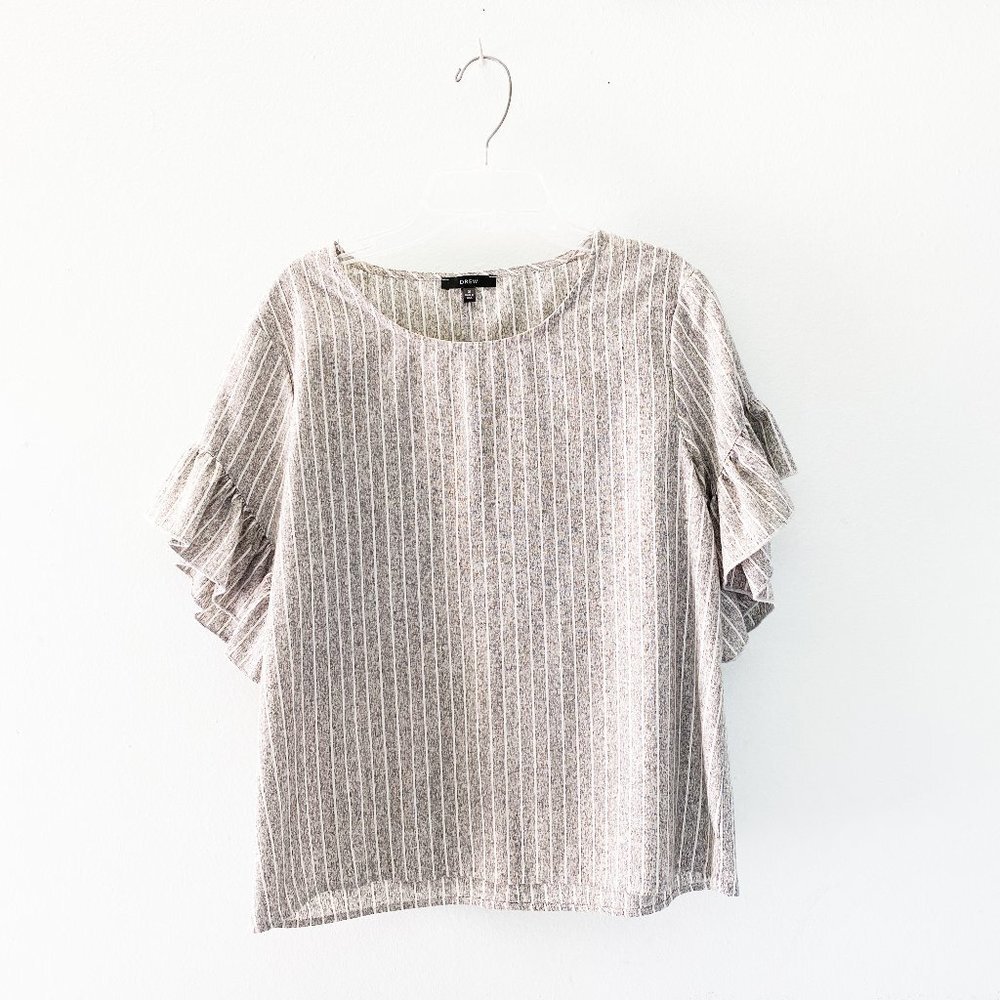 Drew Gray Stripe Flutter Linen Top Small Casual - image 1